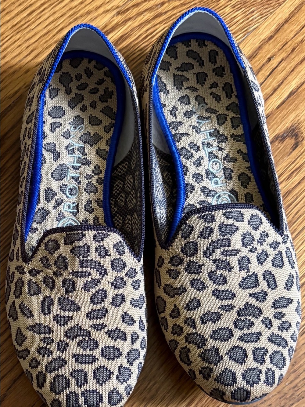 Rothy's Leopard-Print Slip-On Flats in Tan, Black & Blue Trim